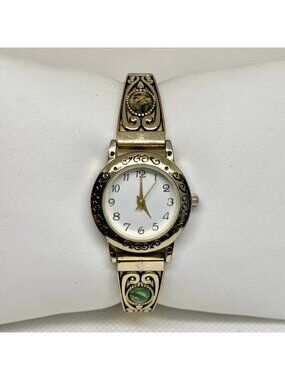 Accutime women’s watch abalone stones gold tone quartz analog 25mm running